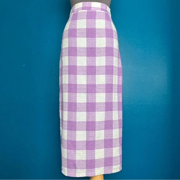 Collectif Bright & Beautiful Gingham Check Midi Pencil Skirt in Lilac US 2 - Picture 2 of 10